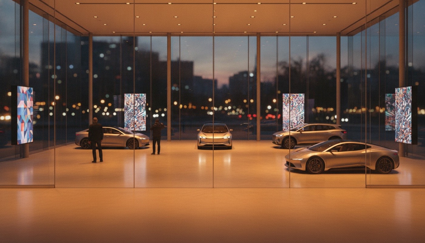 A glass car showroom at dusk with a few cars under soft lights