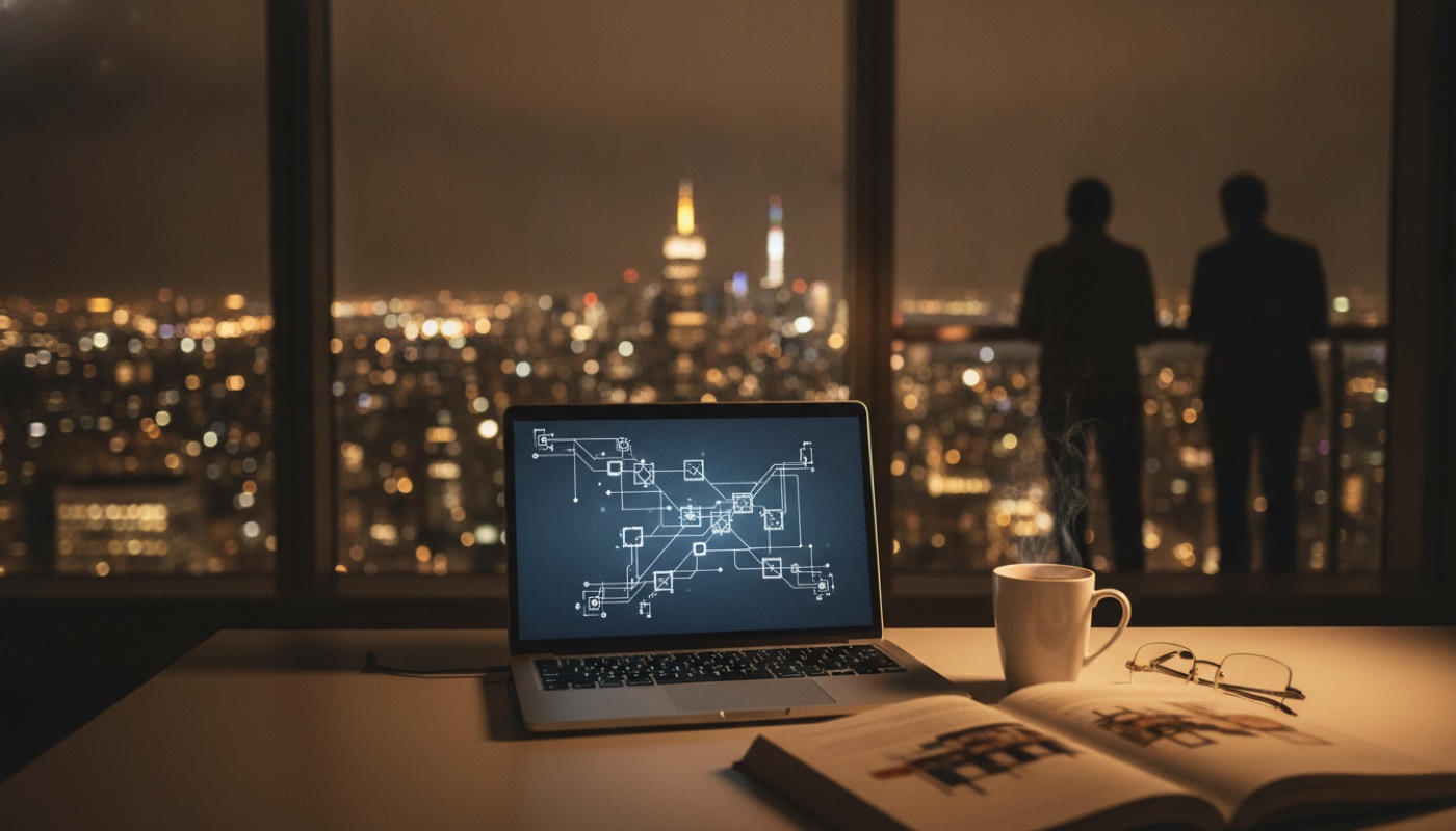 A laptop with an abstract network diagram on a desk high above Manhattan at night