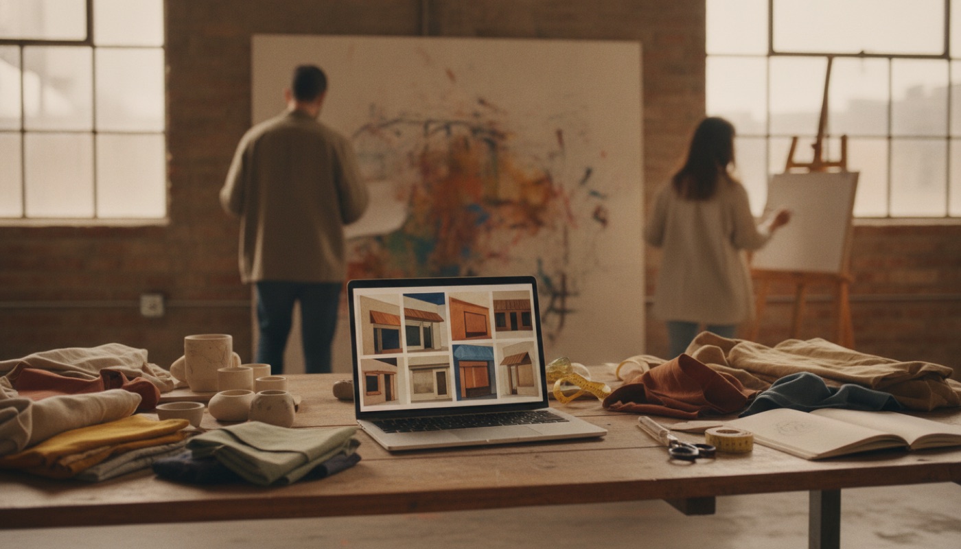 A founder’s table in an LA studio with a laptop, fabric swatches and ceramics