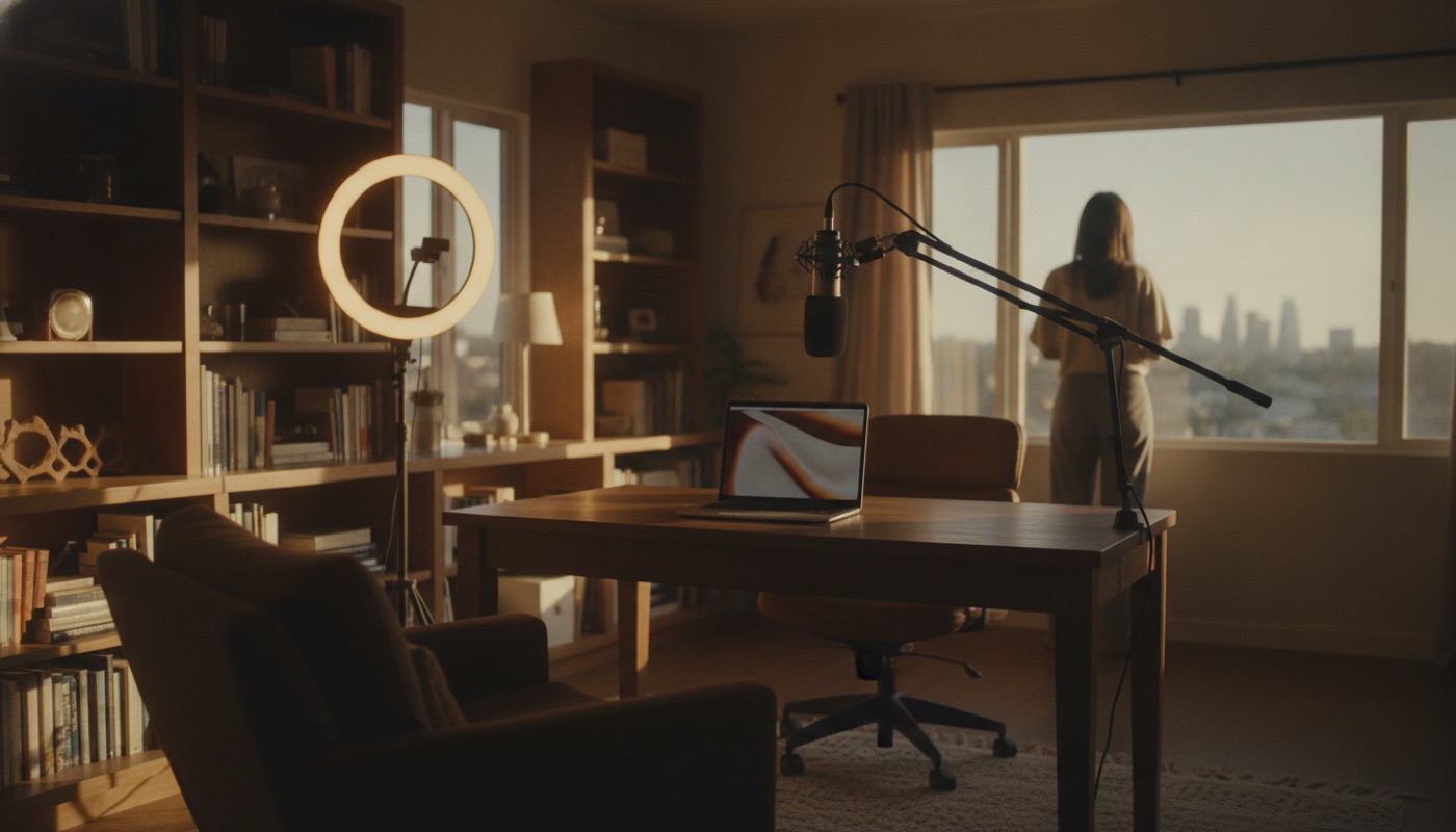 A course creator’s home studio in LA with a ring light, microphone and laptop
