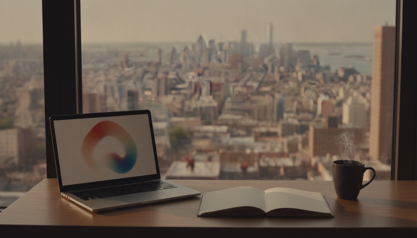 A laptop and a coffee on a desk overlooking lower Manhattan