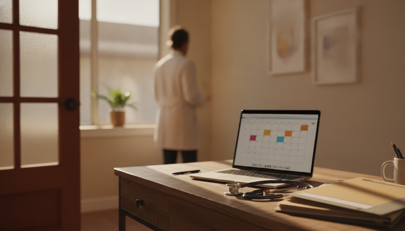A practice manager’s desk with a laptop and a stethoscope in a quiet clinic office