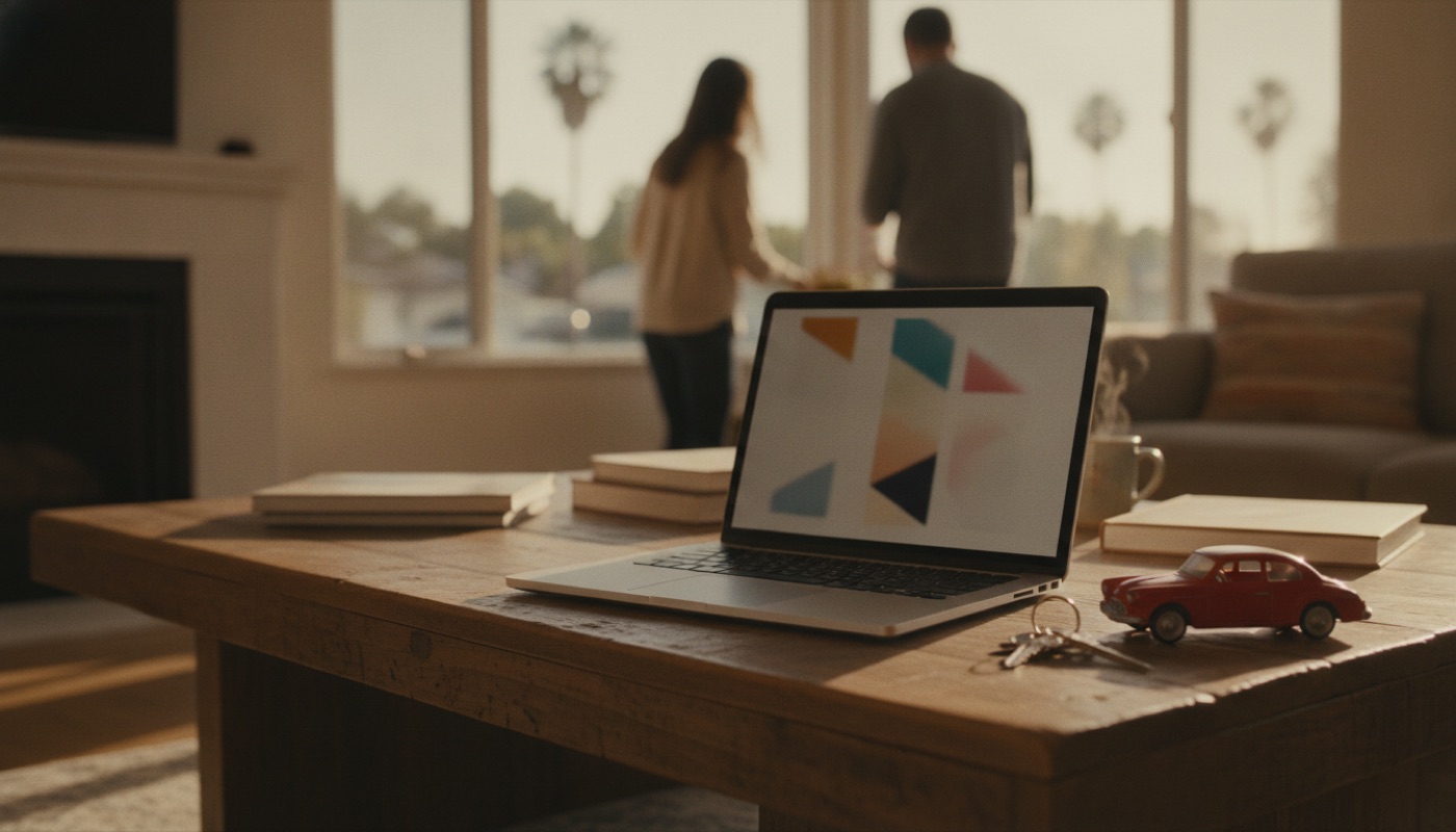 A laptop, keys and a toy car on a coffee table in a sunlit Los Angeles home