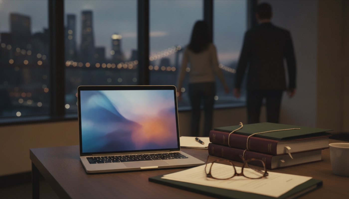 A lawyer’s desk at evening with a laptop, bound files and reading glasses