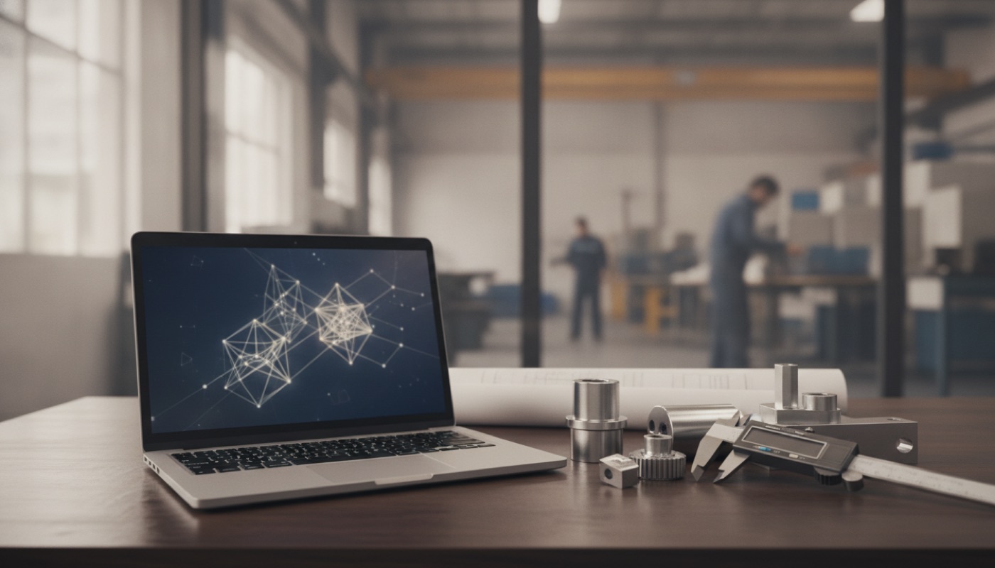An engineering desk with a laptop, machined parts and calipers beside the factory floor