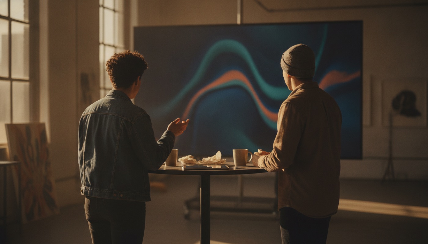 Two strategists reviewing a large screen in a Brooklyn studio