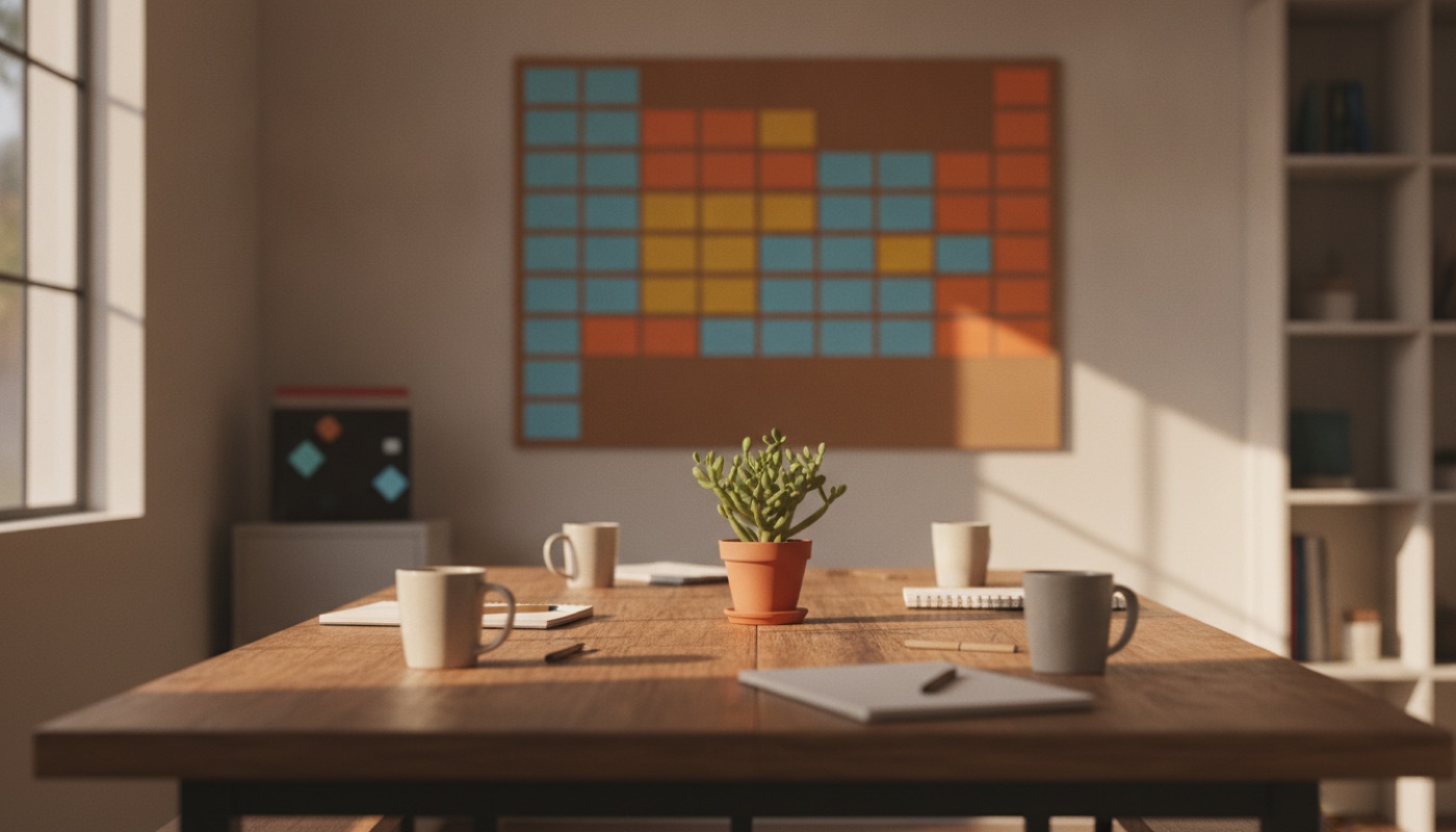 A shared table with mugs and notebooks in a small LA nonprofit office