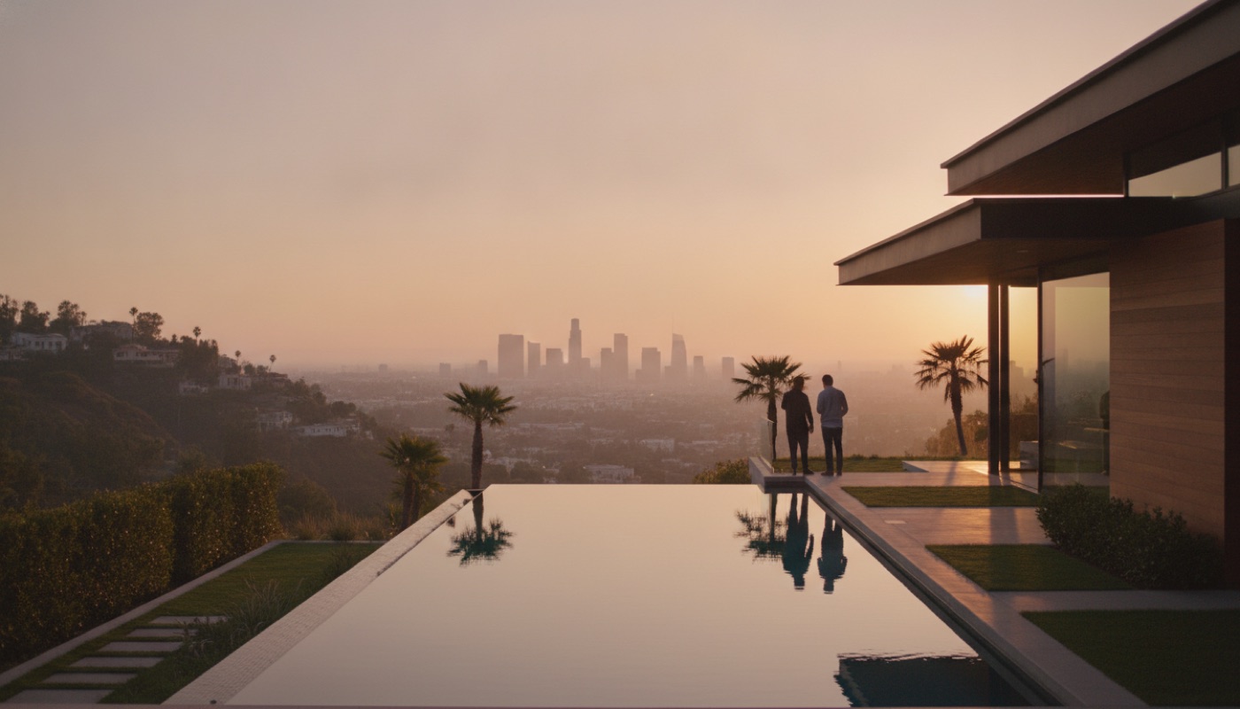 A Los Angeles hillside home with a pool at golden hour and the city in the distance