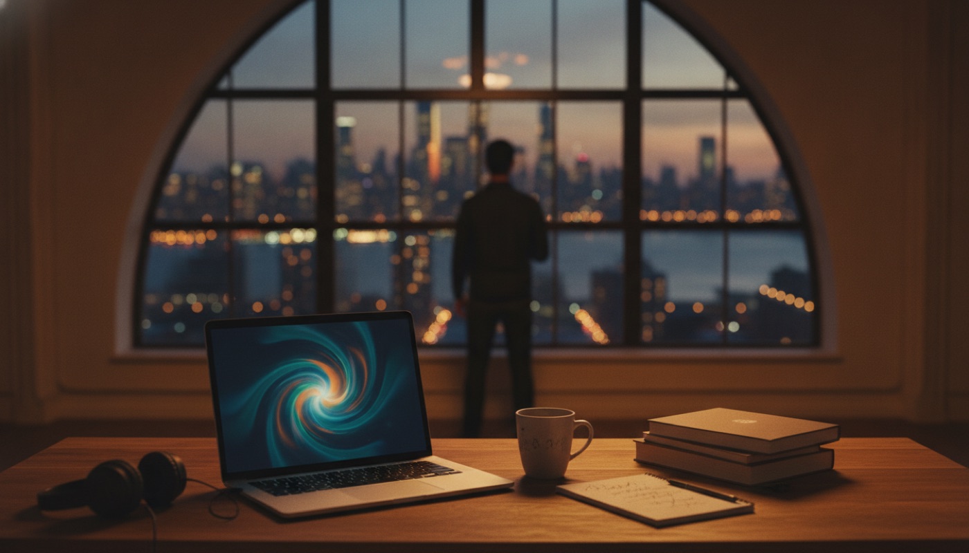 A desk with a laptop at dusk and the Manhattan skyline beyond the window