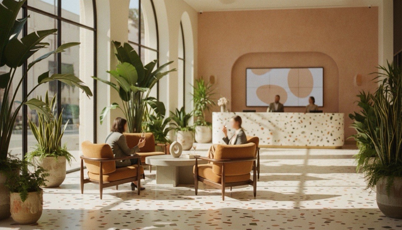 A boutique hotel lobby in downtown Los Angeles with plants, terrazzo and afternoon sun