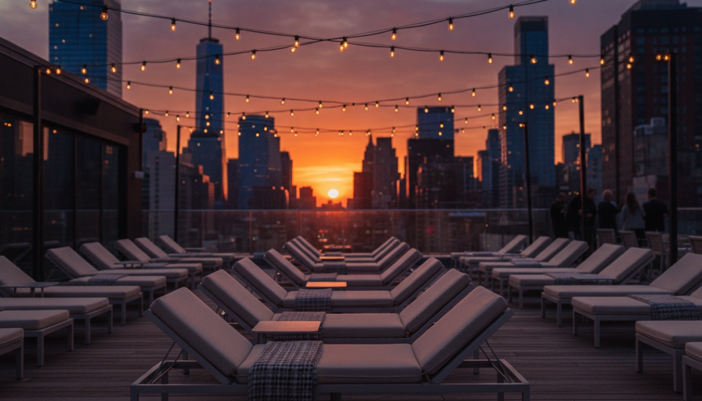 A New York hotel rooftop terrace at sunset with lounge chairs and string lights